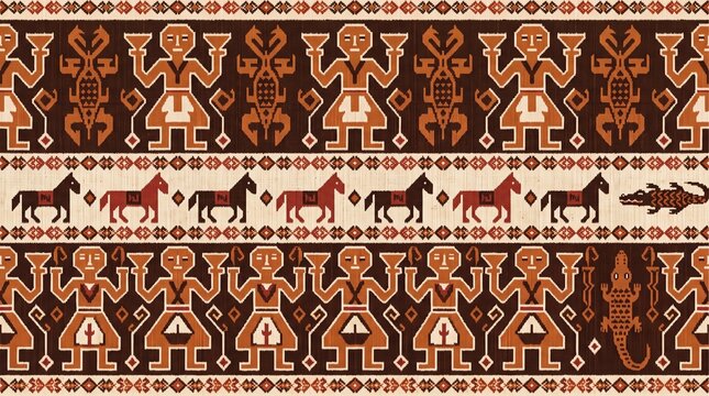 Indonesian Ikat Seamless Pattern with Totem Ancestral Figures Patterned Horses and Crocodile on Dark Brown Striped Background, Sumba NTT Ethnic Textile Design