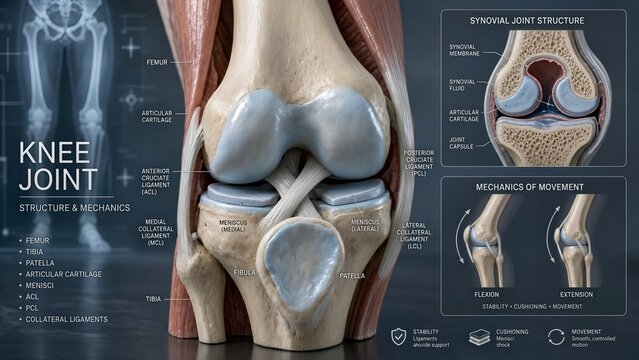 Human knee joint anatomical model displaying the femur, tibia, patella, cartilage, menisci, acl, pcl, and collateral ligaments, with a zoomed inset demonstrating synovial joint structure and movement