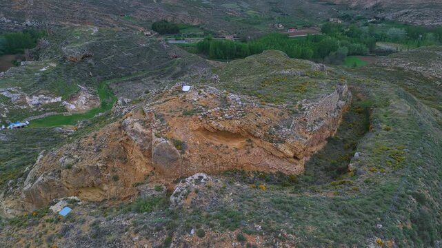 Aerial view from a drone of the Contrebia Leucade archaeological site in Aguilar del R&iacute;o Alhama, in the Cervera region. Autonomous Community of La Rioja. Spain. Europe