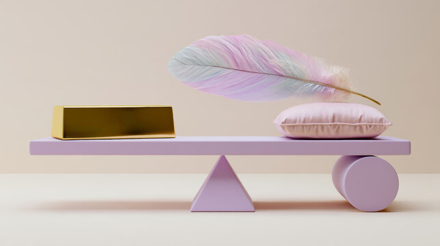 Conceptual balance scale comparing gold bar and soft feather in minimalist 3D rendering