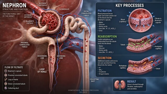 Educational kidney nephron model highlighting the glomerulus inside bowmans capsule, tubules, and collecting duct, featuring a zoomed inset explaining filtration, reabsorption, and secretion processes
