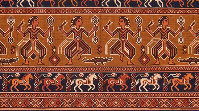 Authentic Indonesian Ikat Textile Pattern with Large Warrior Figures Crocodile and Horse Border on Deep Orange Brown Background, Sumba NTT Woven Fabric Design