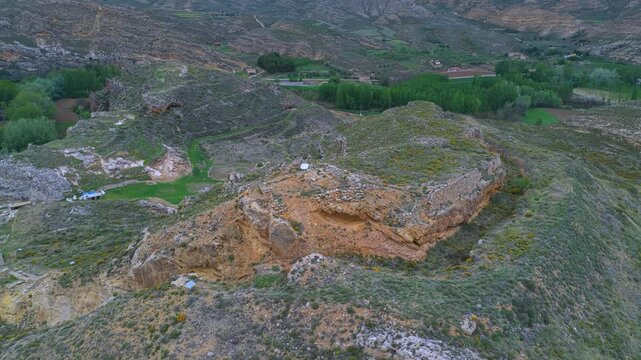 Aerial view from a drone of the Contrebia Leucade archaeological site in Aguilar del R&iacute;o Alhama, in the Cervera region. Autonomous Community of La Rioja. Spain. Europe