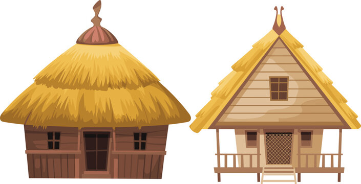 Traditional tropical wooden huts vector illustration featuring ethnic bamboo houses with rustic straw roofs isolated on white