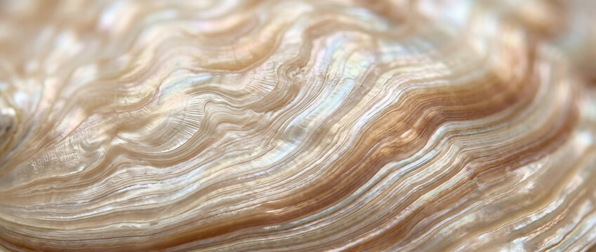 Macro abalone shell surface with soft swirling cream and bronze tones
