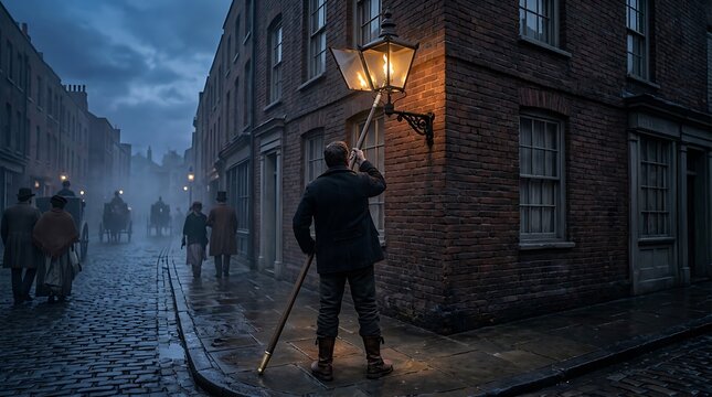 Lamplighter working on street corner of misty urban district with period costumes and fog.