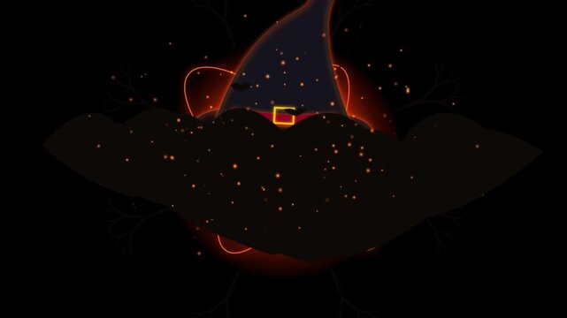 A magical witch hat floating in front of a glowing orange moon background