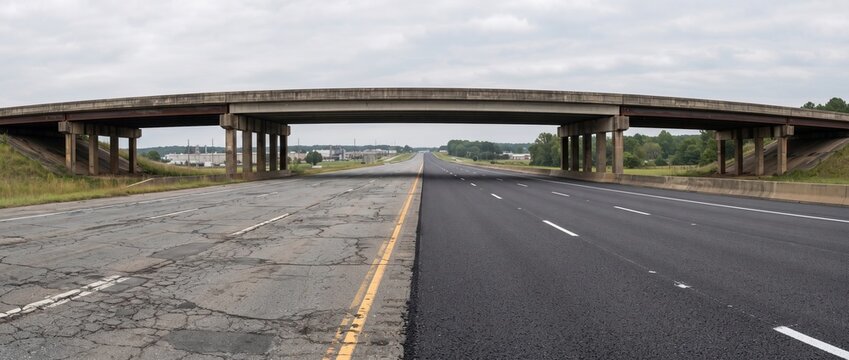 Fresh asphalt beside cracked old pavement on highway underpass
