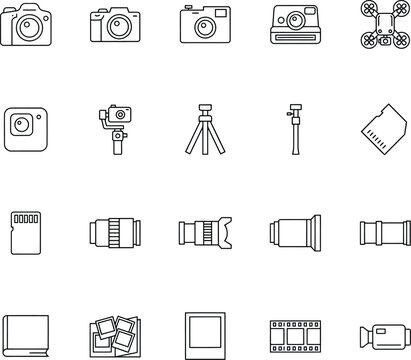 Photography equipment line icons set on a white background