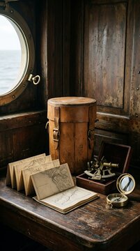 Navigational instruments with antique telescope case and nautical map on wooden cabin desk.