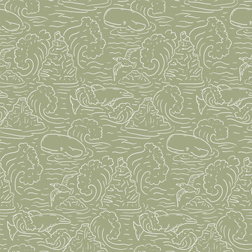 Seamless marine toile pattern with white line art whales and dolphins in waves and rocks on sage green background. Whimsical ocean life vector print for nursery and coastal textile