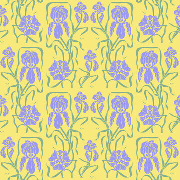 Art nouveau style hand drawn damask iris flowers seamless pattern on yellow background.