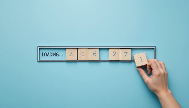 Hand placing block with number one into sequence of wooden blocks showing loading text and digits 2027 on blue background new year 2027