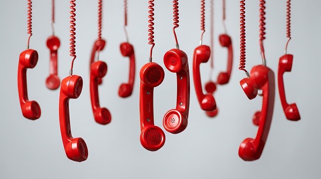 Multiple vintage red telephone handsets hanging from curly cords against a clean minimalist light gray background