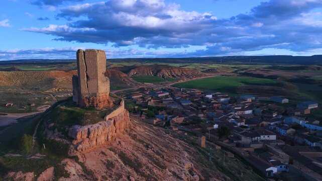 Aerial view from a drone of the castle and village of Montuenga de Soria in the Arcos de Jal&oacute;n region of the province of Soria, Castile and Le&oacute;n, Spain, Europe