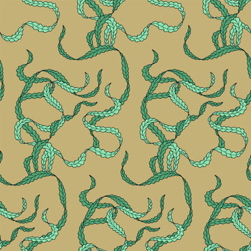 Seamless Art Nouveau marine pattern with flowing green seaweed fronds on sand background. Organic underwater kelp vector backdrop