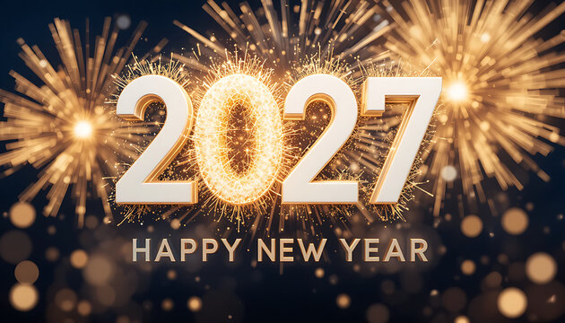 Large golden numbers 2027 with bright fireworks and sparkling light effects above Happy New Year text on dark background happy new year 2027 celebrate new year