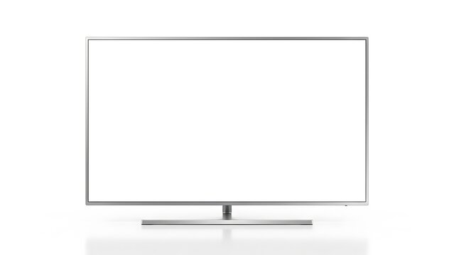 Modern silver television monitor with blank white screen isolated on a clean bright white studio background