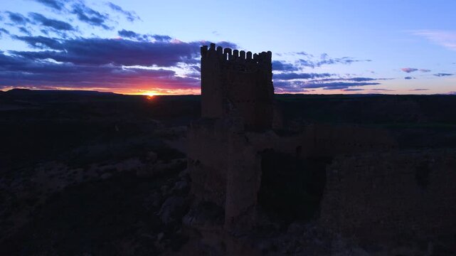 Aerial view from a drone of the castle of La Raya in Monteagudo de las Vicar&iacute;as, in the Las Vicar&iacute;as region of the province of Soria, Castile and Le&oacute;n, Spain, Europe