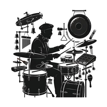 Drummer silhouette with instruments white background.