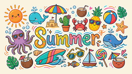 Fototapeta premium Colorful hand drawn summer vacation doodle collection