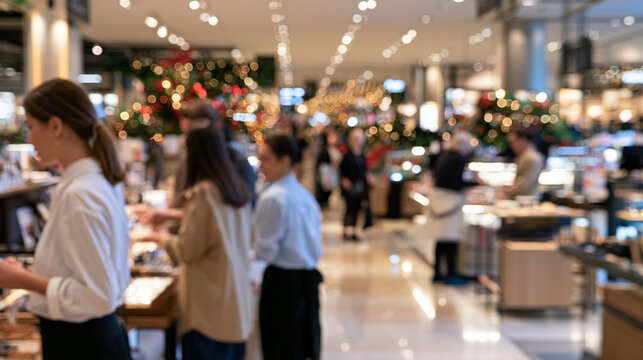 Retail Employees Working inside Blurred Store During Christmas Shopping Season