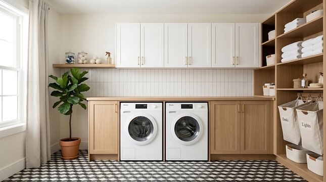 Modern laundry room features white cabinets wooden counters front loading washers and patterned geometric floor tiles