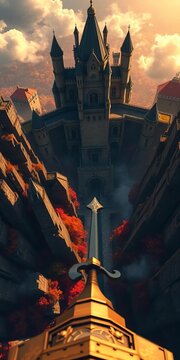 Immersive knight's fantasy realm, grand castle visible, saturated world below, top-down perspective,  top view,  immersive