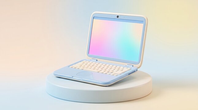 Pastel-colored laptop on white podium with rainbow gradient screen for creative productivity