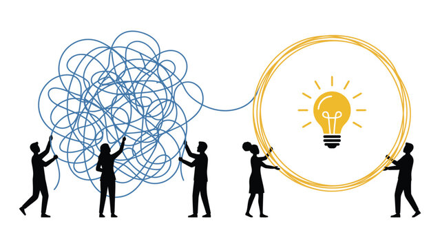 Teamwork transforming complex tangled problem into a clear solution with a lightbulb idea isolated on white background
