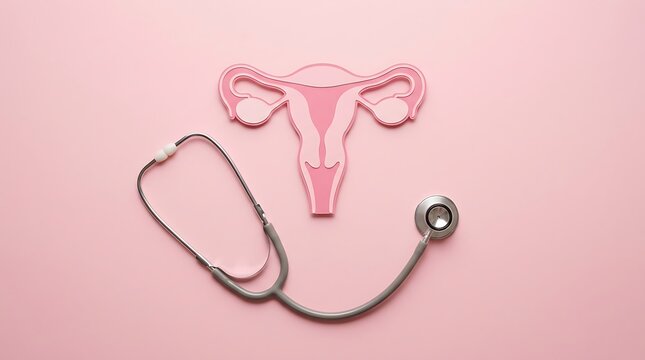 Paper cutout female reproductive system anatomy placed neatly with a medical stethoscope on pink background