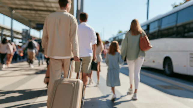 Anonymous Family Arriving at Transportation Terminal with Luggage for Christmas Travel