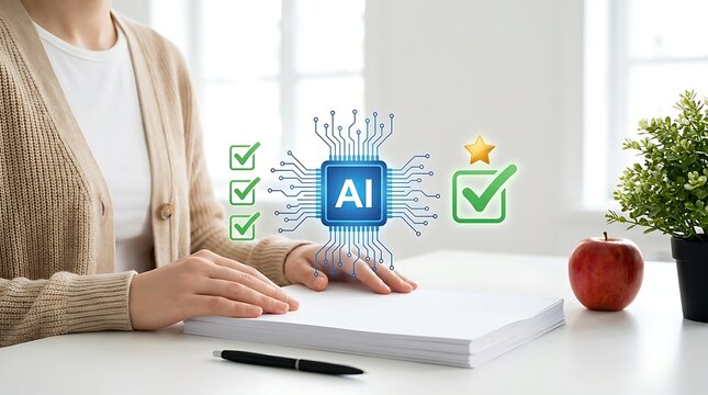 Businesswoman interacting with artificial intelligence data processing systems representing modern administrative workflows and automated checklist software solutions.