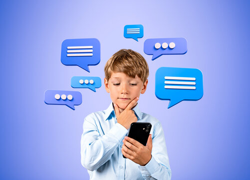 Thoughtful schoolboy holding a smartphone among blue message bubbles in photographic scene on lavender background, showing digital communication