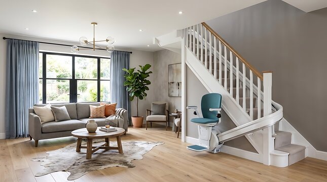Modern stairlift installed on curved residential staircase inside elegant living room with bright natural lighting interior