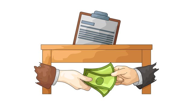 Hands exchanging money under wooden desk with board corporate bribery
