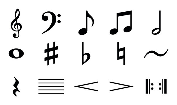 Music notes and symbols vector icons with treble clef, quarter note and eighth note for infographic design in silhouette style
