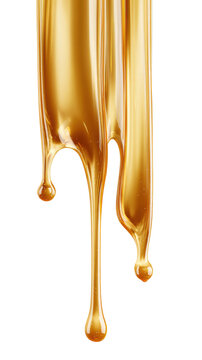 Glossy golden honey drips and viscous syrup streams isolated on transparent background