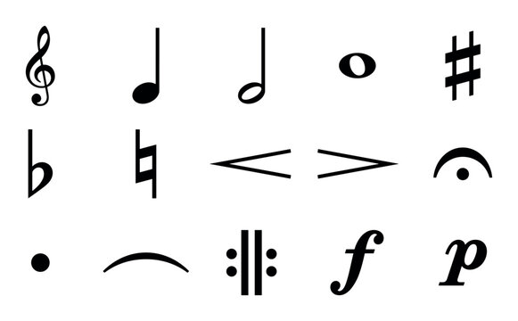 Classical violin music notation vector icons with treble clef, quarter note and half note for graphic design in solid glyph style