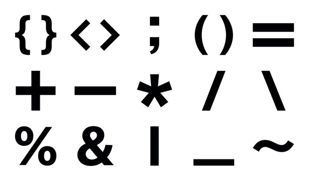 Computer programming symbol vector icons with curly braces, parentheses and semicolon for web design in solid glyph style