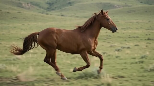 Brown horse galloping across a green field. Brown horse galloping in a field for nature and wildlife themes
