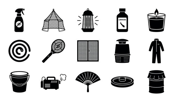 Mosquito control design icons with repellent spray, mosquito net and bug zapper for web design in silhouette style