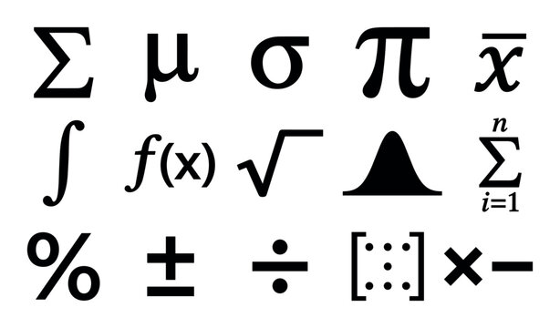 Statistical icons for data science with sigma symbol, probability curve and equations for infographic design in silhouette style
