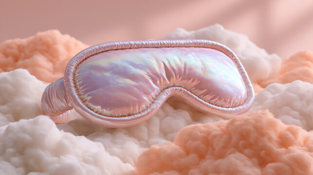 Holographic pink sleeping eye mask resting on soft pastel clouds, comfortable and dreamy sleep concept