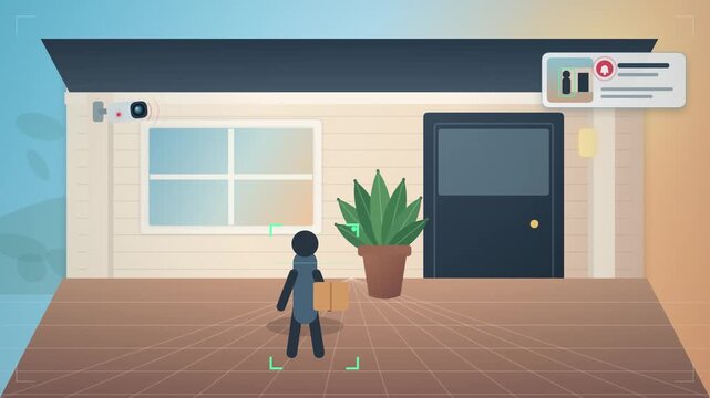 Smart home security camera recording a person delivering a package at the front door.