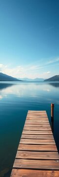 Wooden dock extending into a calm, blue lake on a sunny day,  landscape,  tranquil