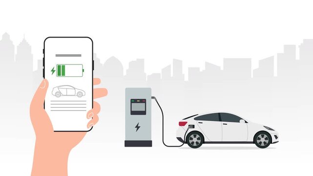 Hand Holding Smartphone Displaying Charging Status App with Electric Vehicle Plugged into Charger Station Vector Animation