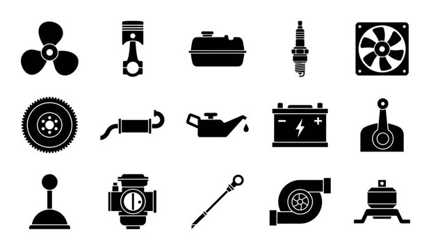 Nautical motor vector icons with propeller, fuel tank and spark plug for infographic design in flat style.