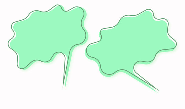 Two green wavy speech bubbles on a white background, one upright and one tilted, with thin dark outlines and soft shadows. Empty message shapes ready for text or dialogue designs.