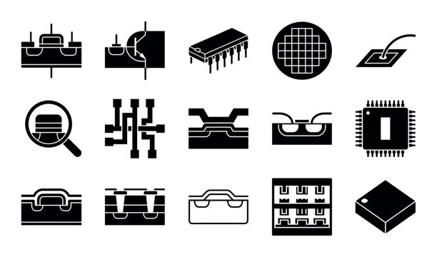 Semiconductor device icon set with transistors, silicon wafers and integrated circuits for mobile app design in silhouette style.